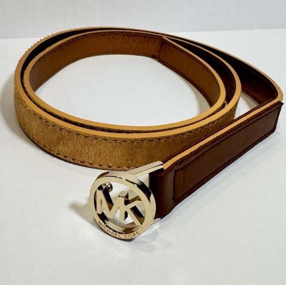 Michael Kors Genuine Leather Haircalf Belt Tan Brown Gold MK Logo Buckle M